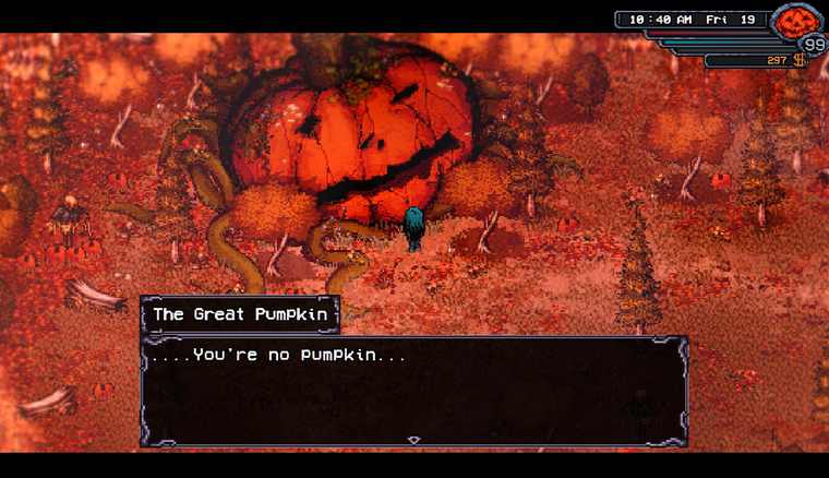 A giant cracked pumpkin creature blocking a path in an autumn field